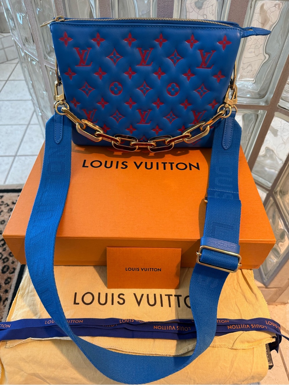 Louis Vuitton Blue & Red Quilted Monogram Coussin PM Bag with Gold Chain & Strap